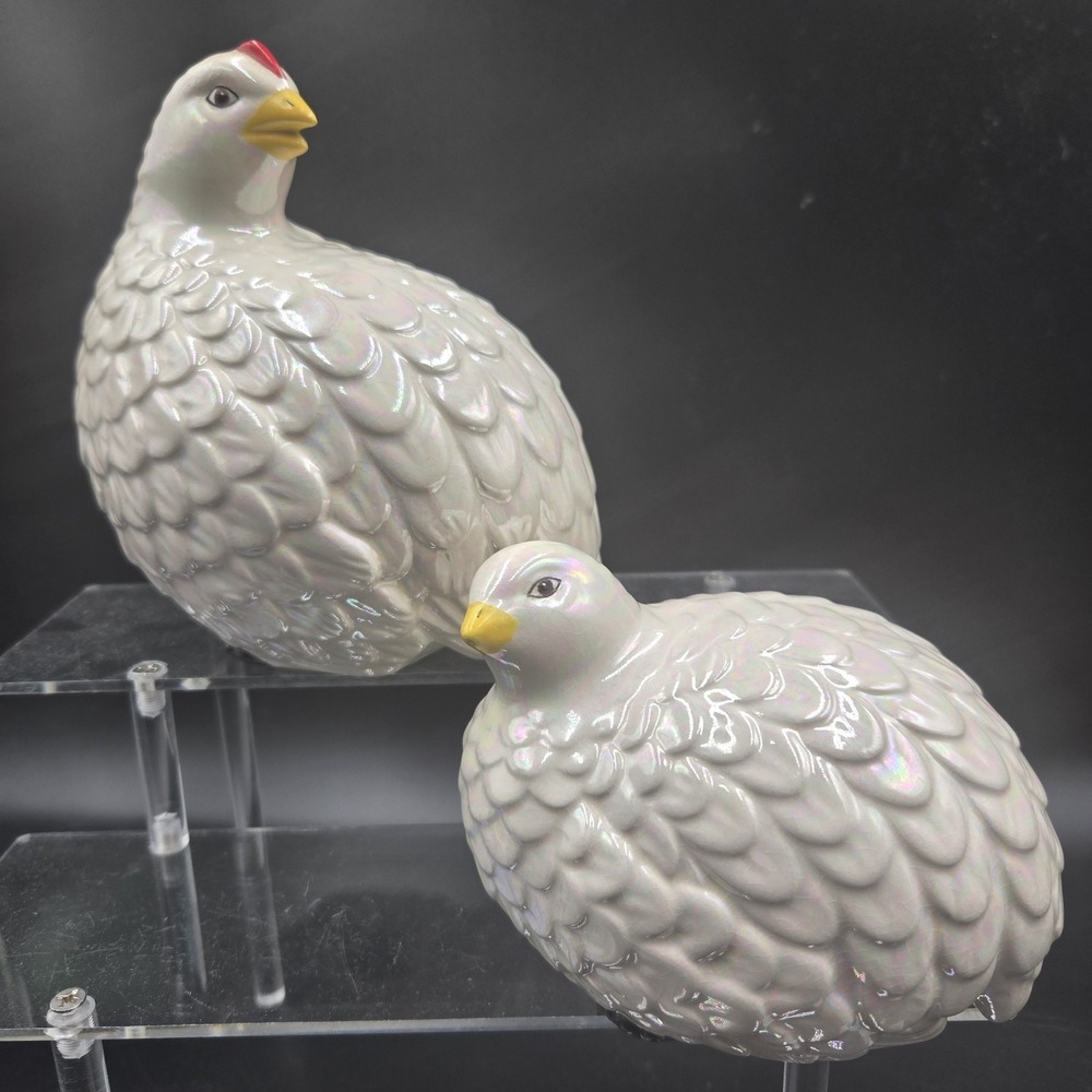 VTG 1964 White Ceramic Quail Figurines 6"‎ & 4" Hand painted Iridescent Granny